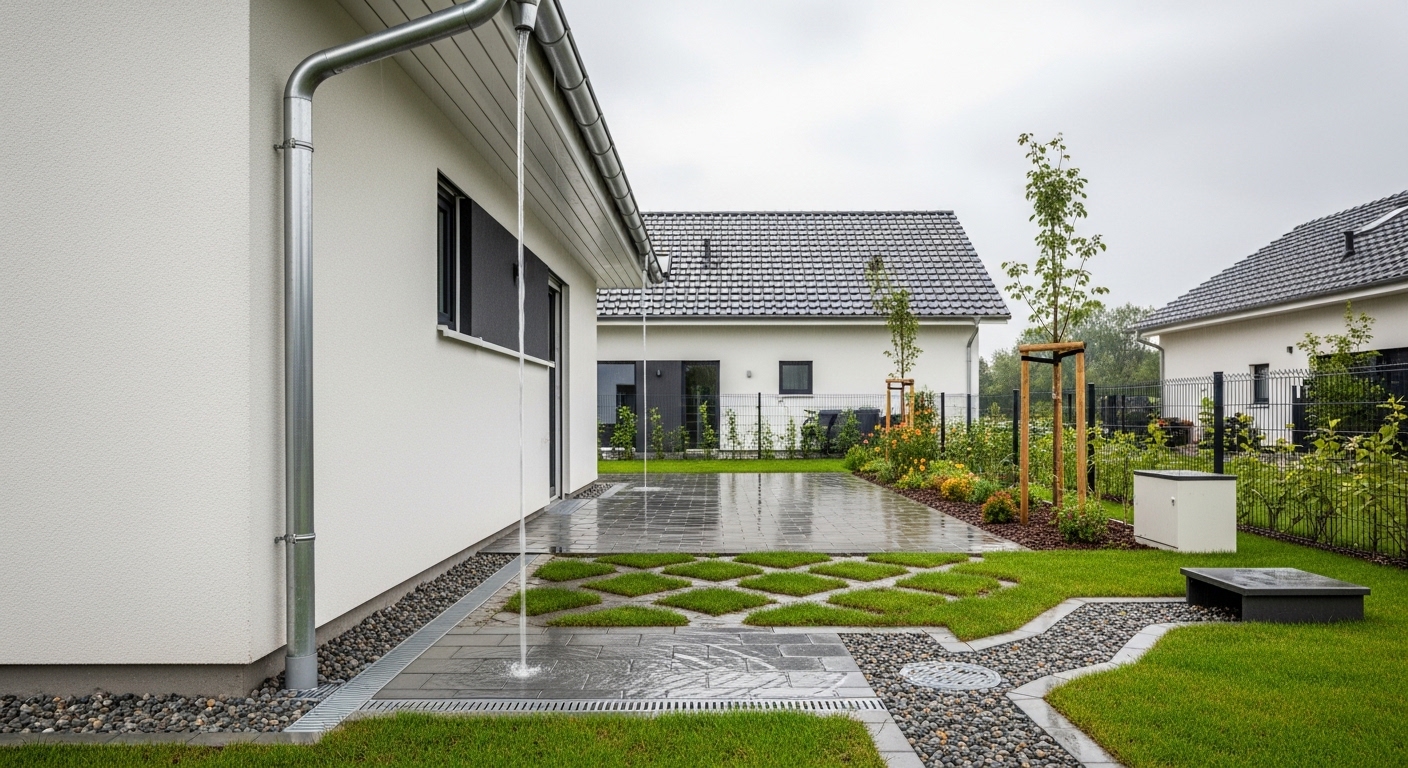 Vista externa de casa com calhas, ralos e jardim drenante prevenindo alagamentos