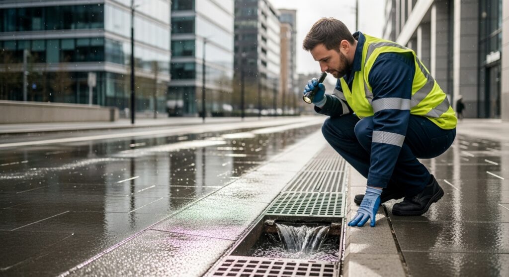 Trabalhador de manutenção inspeciona caixa de drenagem urbana durante chuva
