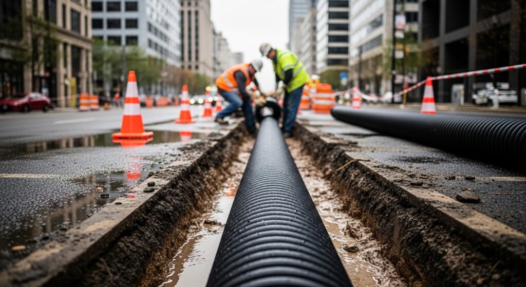 Instalação de tubo corrugado em rua molhada após chuva