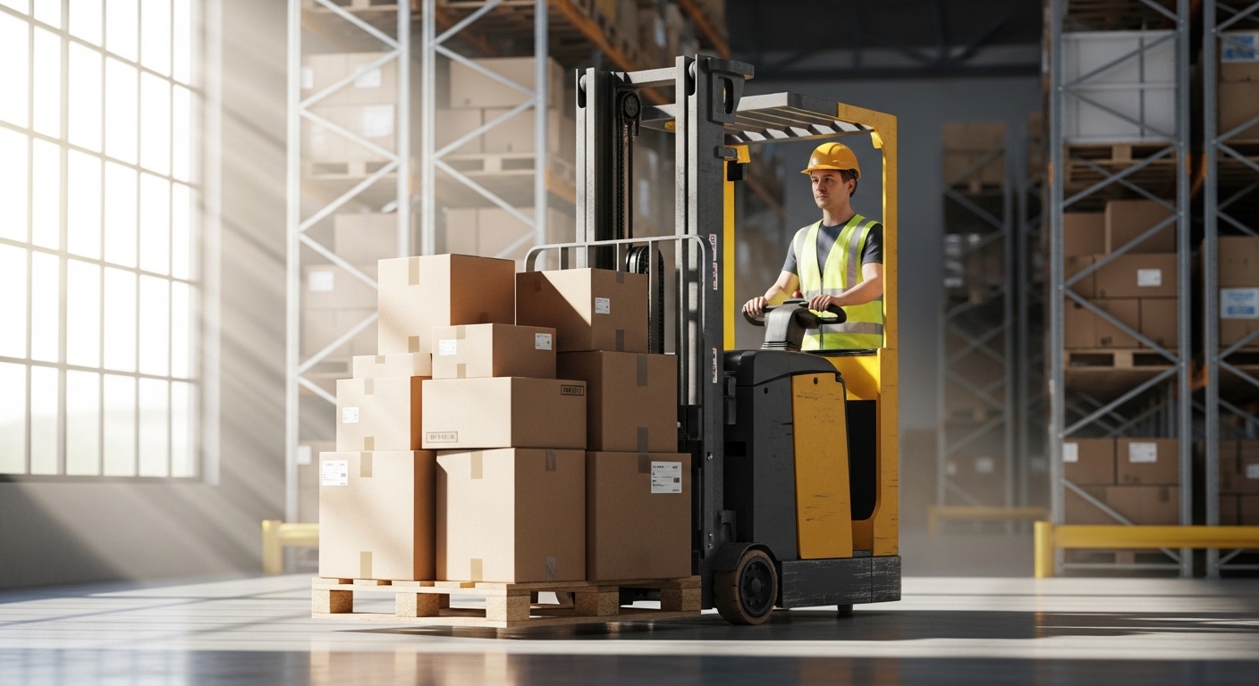 Empilhadeira alugável erguendo paletes em um armazém de e-commerce