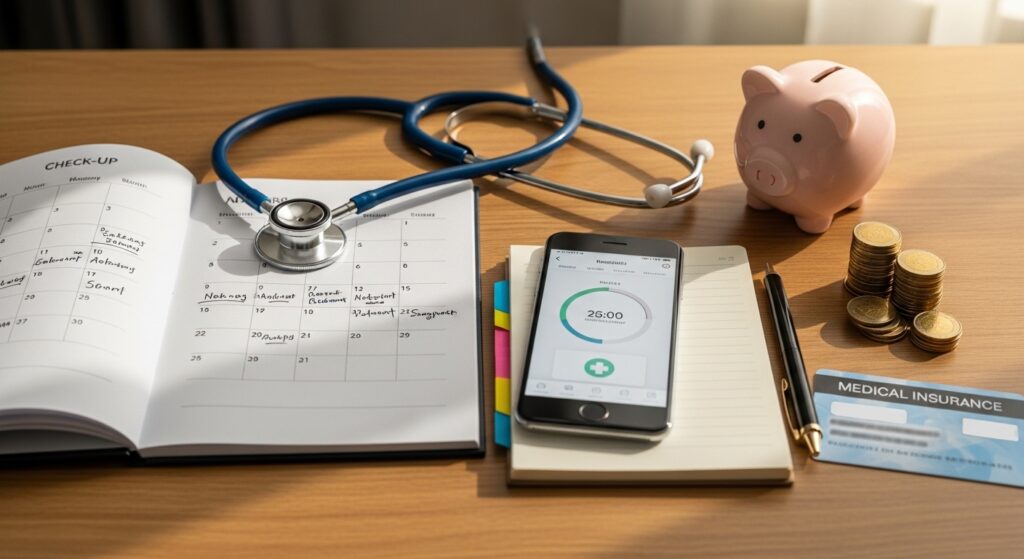 Mesa com calendário, smartphone e cofrinho simbolizando planejamento de saúde