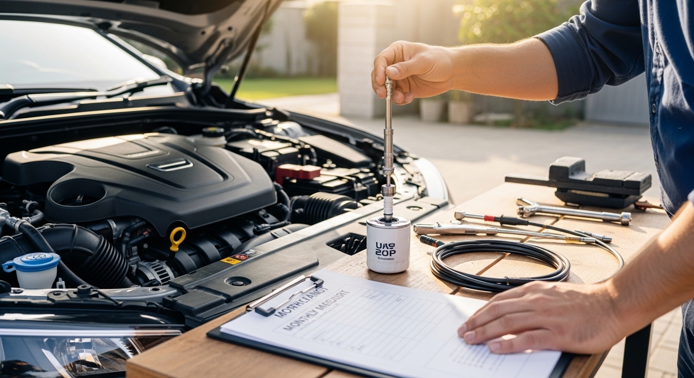 Técnico realizando manutenção preventiva em carro com capô aberto