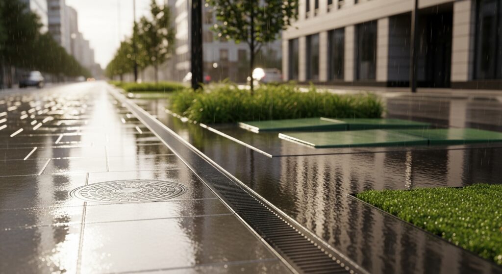 Rua urbana com infraestrutura verde e cinza drenando água após chuva
