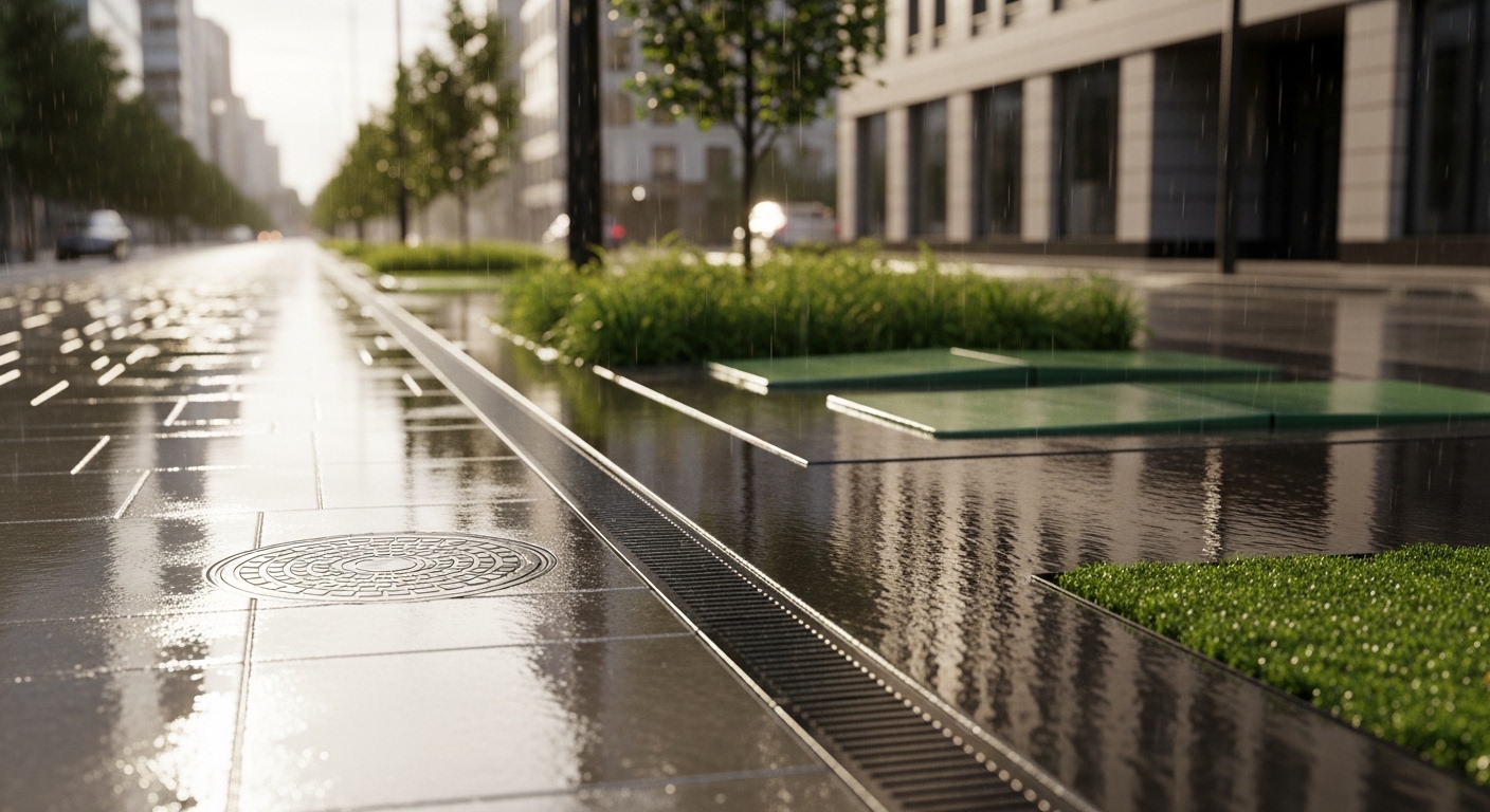 Rua urbana com infraestrutura verde e cinza drenando água após chuva