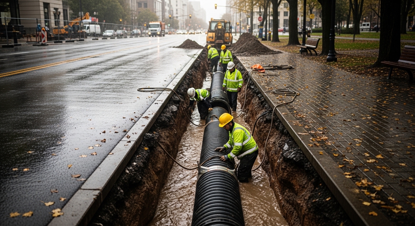 Instalação de tubos corrugados em vala de microdrenagem urbana após chuva