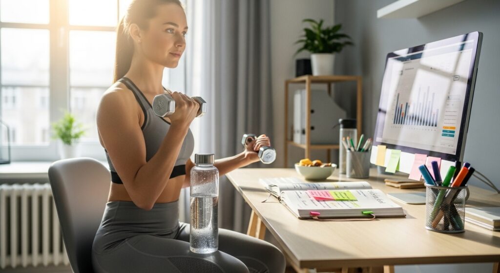Mulher fazendo micro-exercícios no escritório em casa com halteres e planner semanal