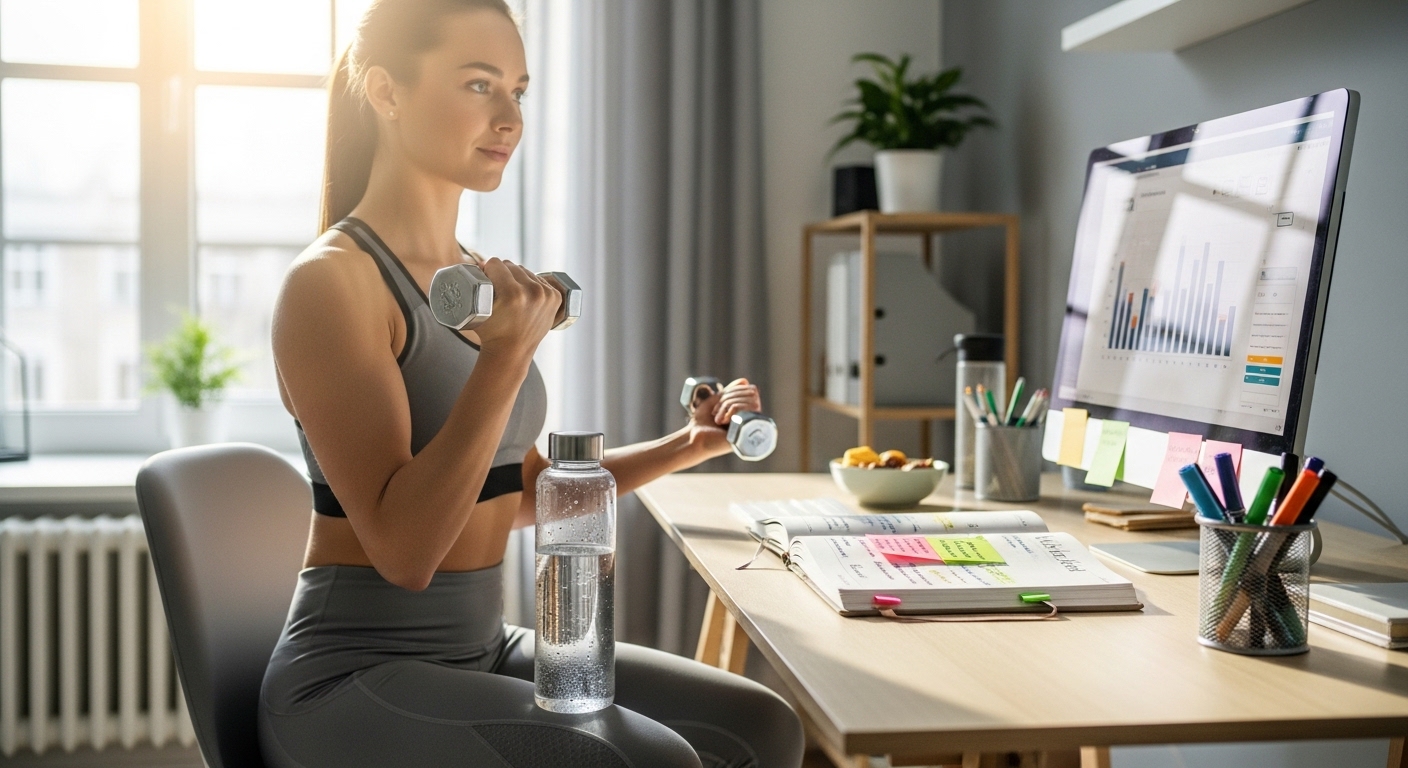 Mulher fazendo micro-exercícios no escritório em casa com halteres e planner semanal