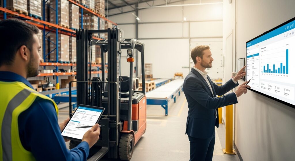 Técnico em manutenção de empilhadeira e supervisor analisando KPIs em armazém