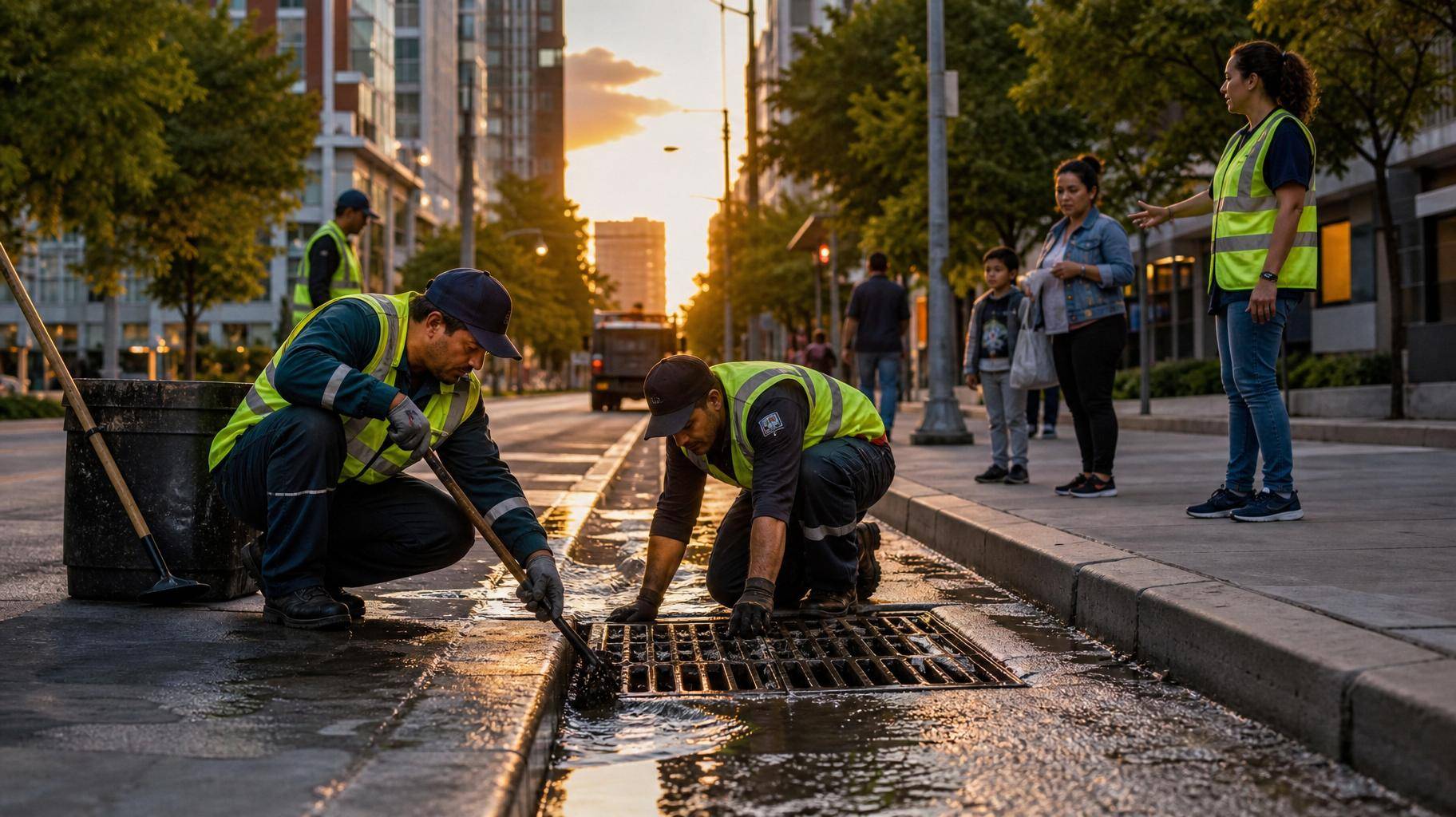 Equipe municipal limpa bueiro em rua urbana após enchente